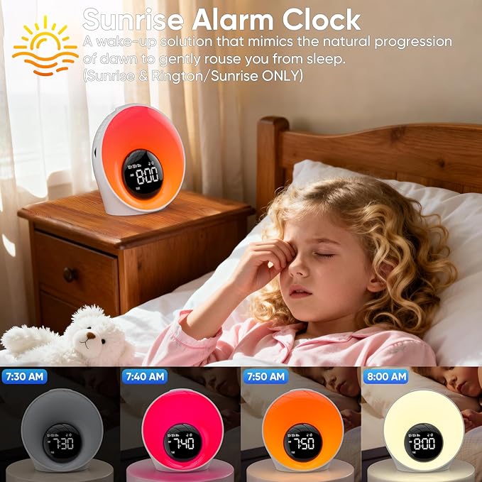 AFEXOA Wake Up Light Sunrise Alarm Clock - Sunrise Simulation & White Noise Machine with 30 Soothing Sounds, 14 Color Dimmable Night Light, Digital Dual Alarms for Heavy Sleepers/Adults/Kids(White)