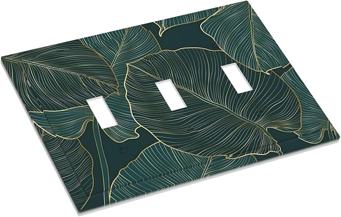 Gold Tropical Green Botanical Palm Leaves Decorative Switch Plates 3 Gang Wall Plate Triple Toggle Light Switch Cover Faceplate Electrical Wall Panels for Bedroom Living Room Decor