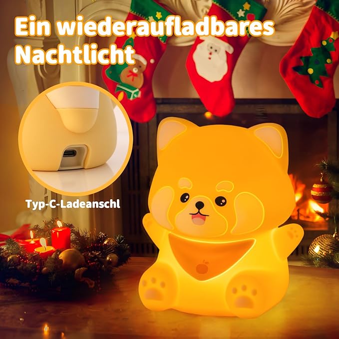 Rytinazzz Red Panda Night Light, 50-Hour Battery & Pat Control, Squishy Silicone Lamp for Kids Nursery, USB Rechargeable with Timer, Mothers Day Gifts