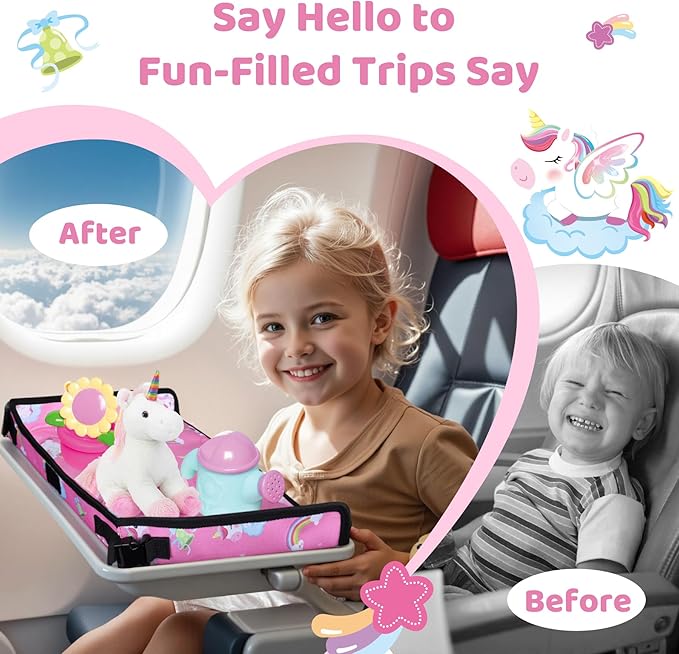 Airplane Kids Travel Tray for Toddler Car Seat - Toddler Tray for Plane or Train - Travel Essential Must-Haves and Flying Supplies - Pink Unicorn