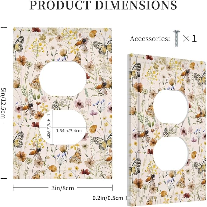 Vintage Butterflies 1 Gang Outlet Plate Duplex Decorative Colorful Wildflower Art Outlet Covers Cute Bees Electrical Receptacle Lightswitch Faceplate Beige Flower Leaves Dimmer Decor