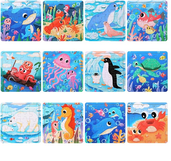 GRINNNIE Wooden Puzzle for Toddlers 3 4 5 Years Old, 12 PCS Jigsaw Ocean Animals Puzzles Preschool Learning Toys for Travel or Car, Birthday for Boys and Girls (Pack of 2)