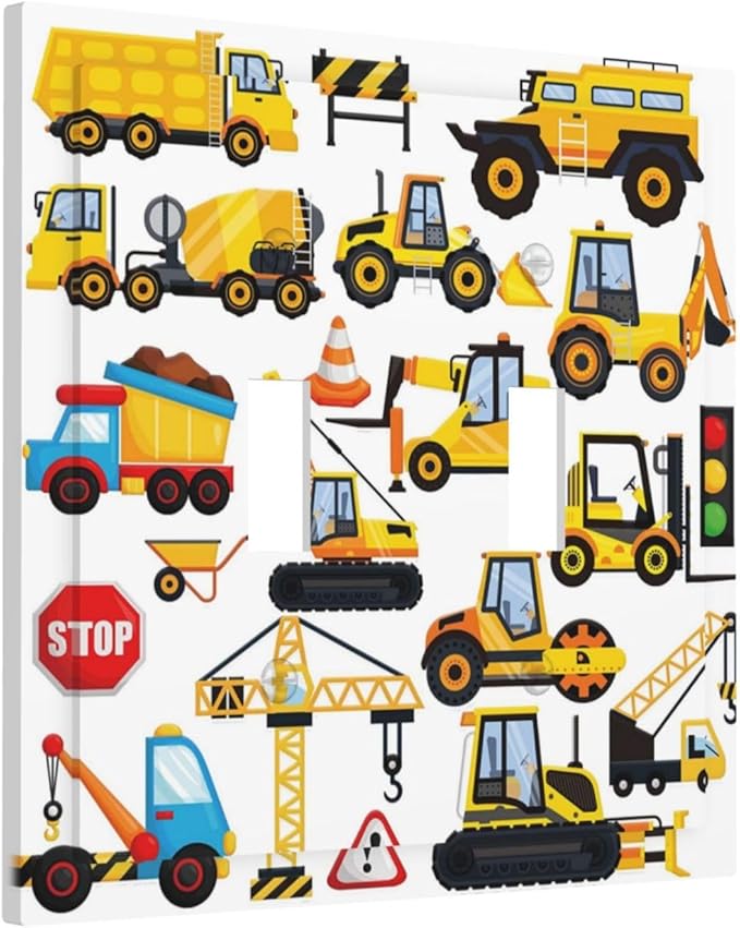 Funny Yellow Construction Truck Cartoon Cars Vehicles Truck 2 Gang Light Switch Cover Double Toggle Wall Plate Kids Boys Play Room Outlet Covers Electrical Decorative Dual Device Switchplate Faceplate