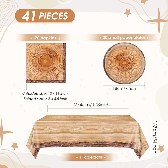 41 Pcs Camping Birthday Party Decorations Rustic Wood Grain Slice Tableware Brown Camo Wood Paper Plates Napkins Tablecloth丨Forest Themed Bonfire Hunting Birthday Lumberjack Party Decor,Serves 20