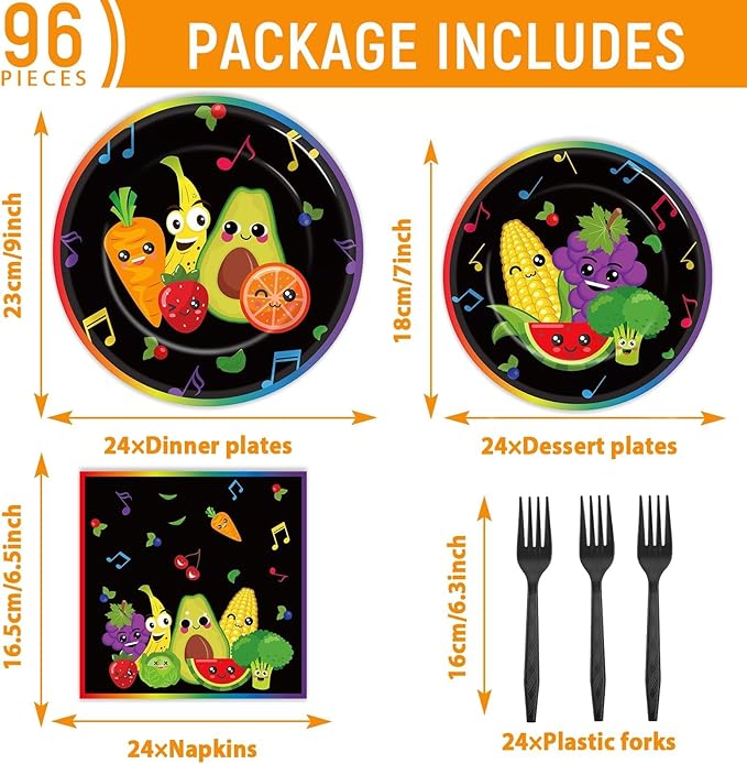 96 Pcs Dancing Fruit Party Plates and Napkins for Fruit Birthday Theme Supplies Dancing Fruits Themed Paper Dessert Plates Fruits Party Tableware Set for Kids 24 Guests Birthday Decoration