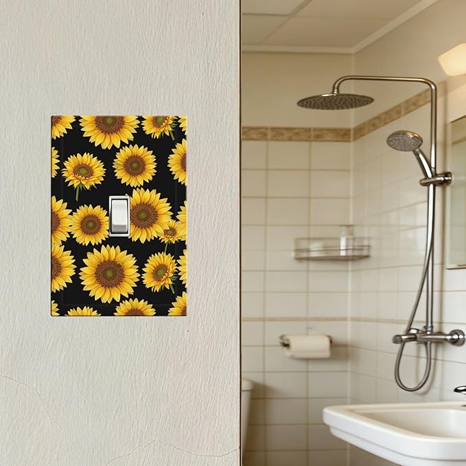 Sunflower Fields 1-Gang Toggle Light Switch Plate, Vibrant Sunflower on Black Boho Sunny Garden Decorative Wall Plate for Bedroom Decor