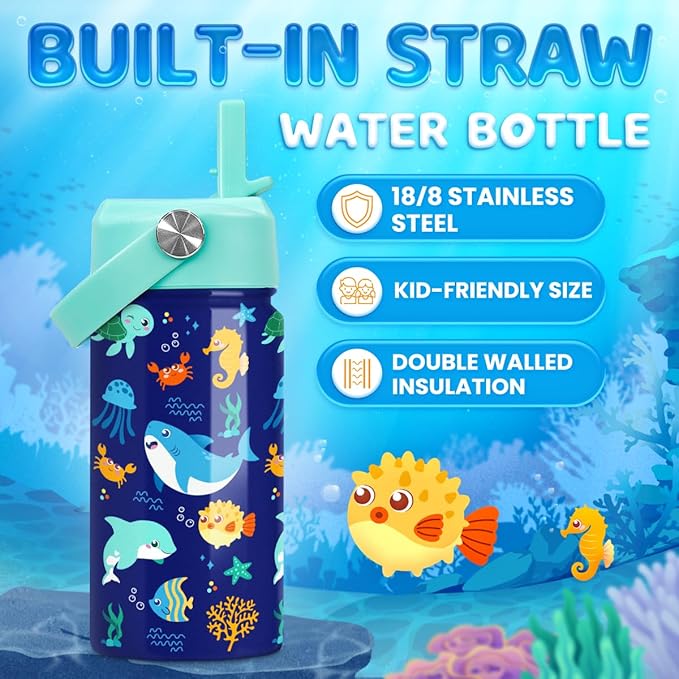 Kids Water Bottle with Straw Lid - 12 Oz Insulated Stainless Steel Ocean Water Bottles for Kid Boys Girls - Travel Cup for School Sports