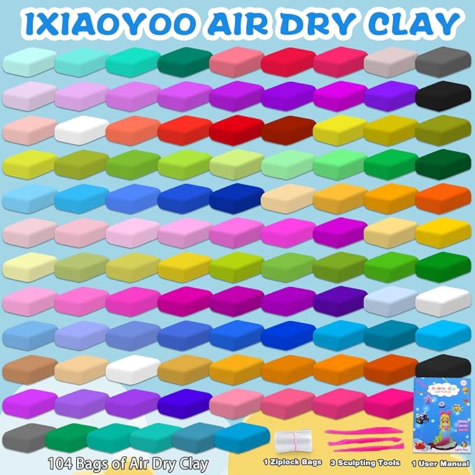 Ixiaoyoo Air Dry Clay for Kids, 104 Colors DIY Magic Modeling Clay Kit, Soft & Non-Sticky, Arts & Crafts Modelling Toys with Sculpting Tools, Birthday & Christmas Gift for 3-12 Years Old Girls Boys