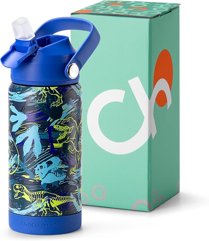 Choco Mocha Kids Dinosaur Water Bottle For School, Kids Insulated Water Bottle Stainless Steel for Boys, 14Oz Blue Dinosaur