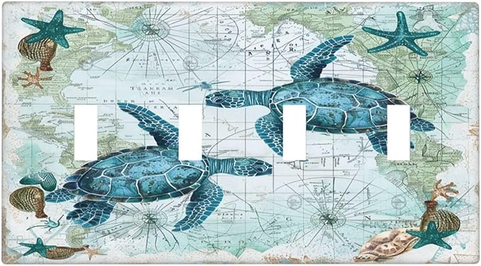Light Switch Covers Nautical Green Sea Turtles Beach Blue Ocean Quad Toggle Electrical Faceplate 4 Gang Wall Plate Decorative Switch Plates For Bathroom Kids Room Decor