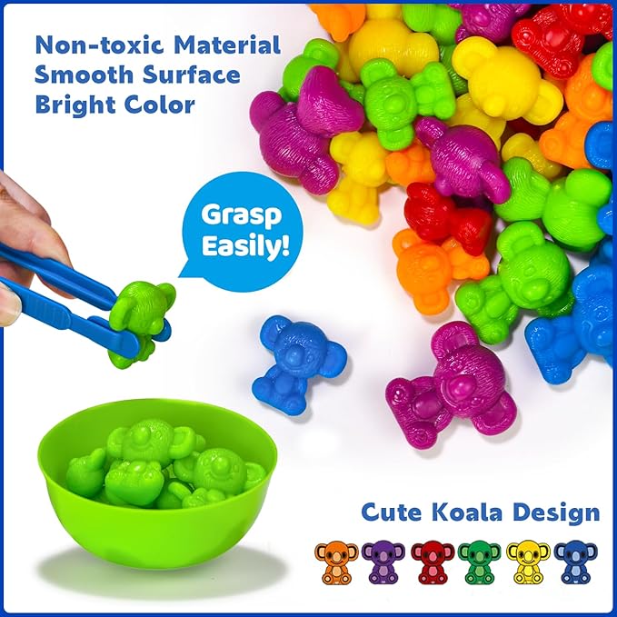 Pairez Toys Counting Toys for Toddlers, 60 Rainbow Koala Counters w/Sorting Bowls, Color Sorting, Counting & Math Manipulatives, Preschool Homeschool & Classroom Early Learning Supplies
