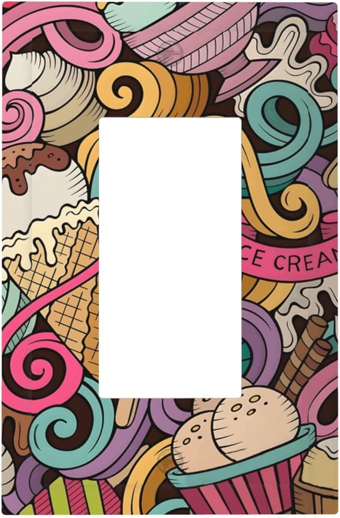 Cartoon Hand Drawn Ice Cream Doodles Colorful Print Decorative Outlet Covers 1 Gang Single Rocker Light Switch Cover Plate Wall Plates GFCI Faceplate for Kids Room Nursery Decor