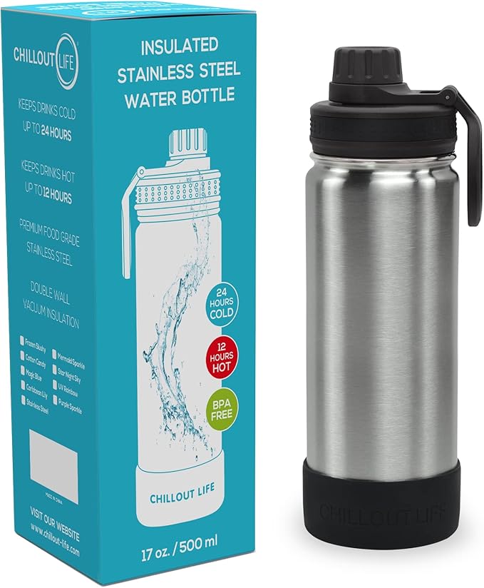 CHILLOUT LIFE 17 oz Kids Insulated Water Bottle for School with Leakproof Spout Lid and Cute Waterproof Stickers, Personalized Stainless Steel Thermos Flask Metal Water Bottle for Girls & Boys