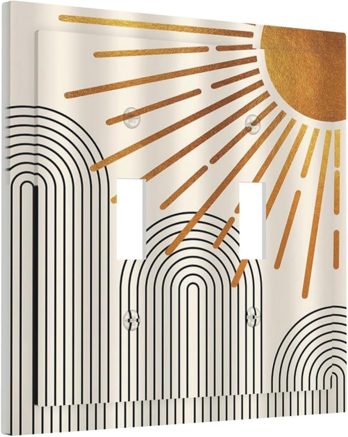 Mid Century Beige Boho Abstract Sun Vintage Arch Double Toggle Light Switch Covers Decorative 2 Gang Wall Plate Electrical Faceplate Switchplate for Country Bathroom Bedroom Living Room Decor