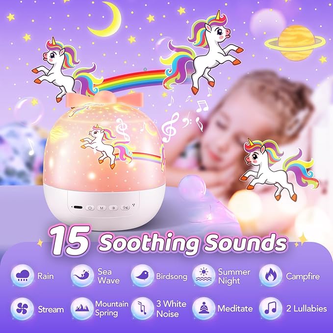 Pikoy Unicorn Toys for Girls Gifts, 15 Films+15 Lullaby Sound Machine for Kids Night Light Projector, Remote+Rechargeable Night Light for Kids Gifts, 360 °Rotation Princess Mermaid Toddler Girl Toys