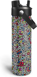 ENCOOL Insulated Water Bottle with Straw Stainless Steel Water Bottle, Leak-Proof, BPA-Free, Double Wall Vacuum Keeps Cold for 24 Hours for Sports, Travel, School (26 oz, Graffiti Faces)