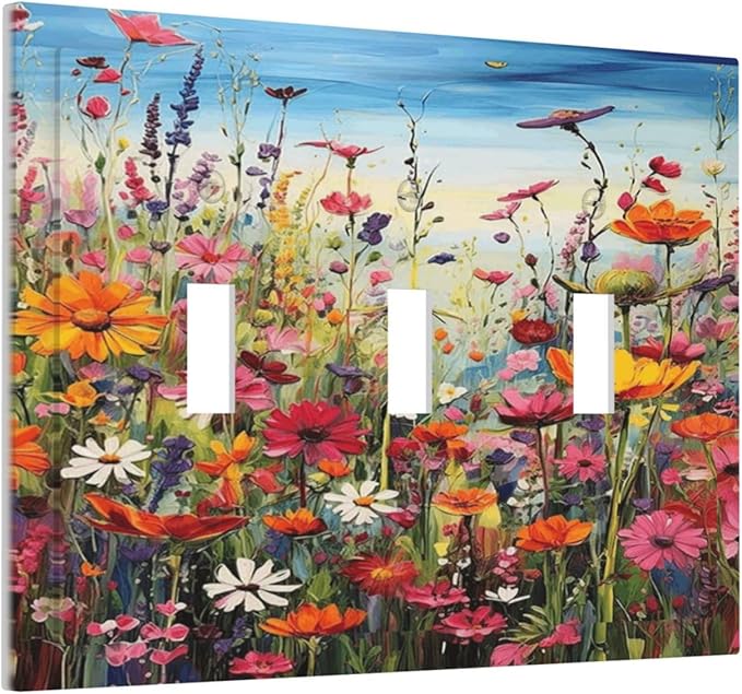 Colorful Wildflowers Painting Floral Flower Decorative Switch Plates 3 Gang Wall Plate Triple Toggle Light Switch Cover Faceplate Electrical Wall Panels for Bedroom Living Room Decor
