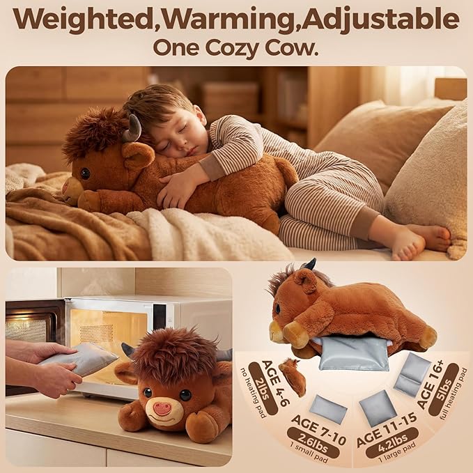 Mewaii Weighted Stuffed Animals with Microwavable Heating Pad - 5 lbs Adjustable, Heatable & Coolable Stuffed Animal for Realistic Hug, Removable Inner Pad, Plush Gifts for Kids (Amber Brown, 23 Inch)