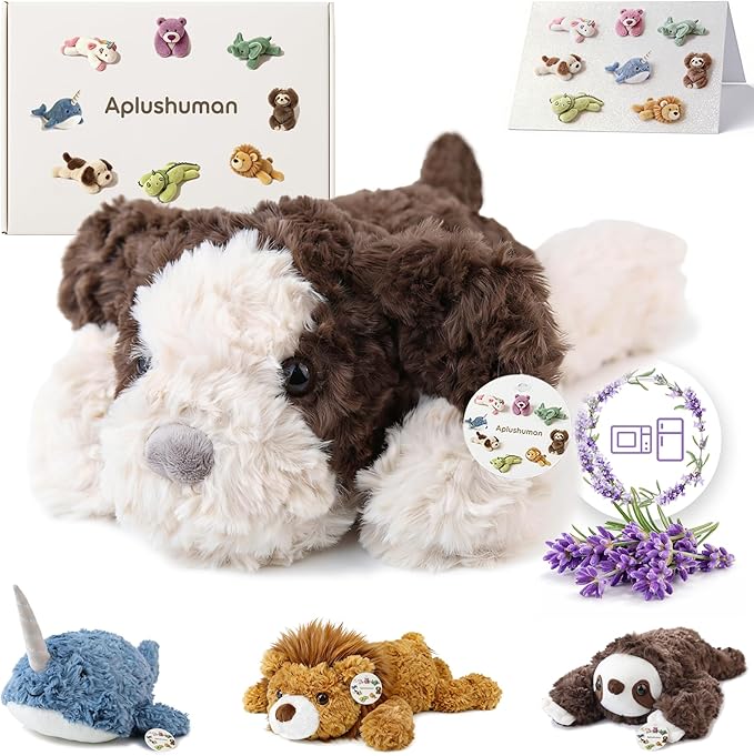 Aplushuman® Microwavable Heating Pad Golden Retriever Plush - Weighted Stuffed Animal Toy with Tourmaline Beads & Lavender - 1.8 lb for Long Lasting Cozy Warmth - Includes Gift Box & Greeting Card