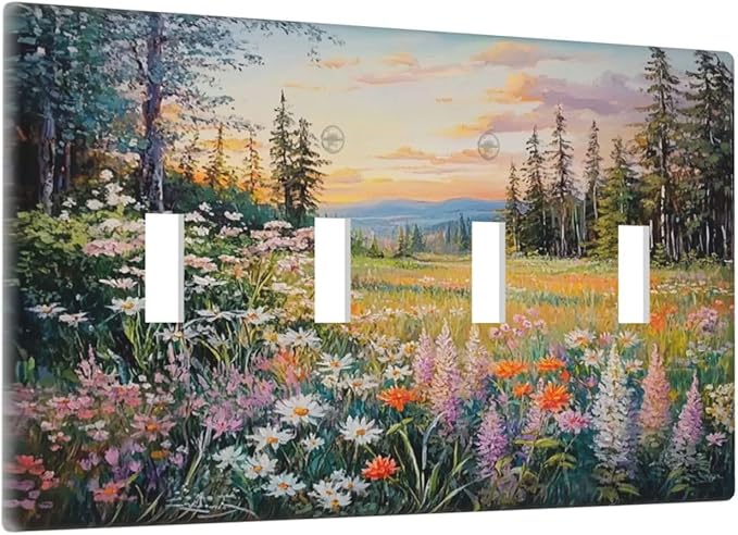 Light Switch Covers Floral Landscape Rustic Nature Wildflower Quad Toggle Electrical Faceplate 4 Gang Wall Plate Decorative Switch Plates For Bed Room Living Room Decor