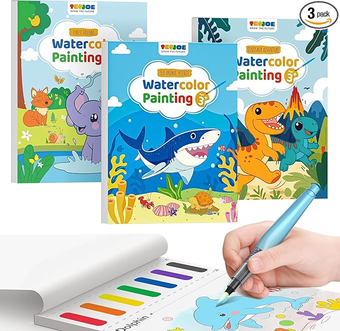 TECJOE 3 Pack Paint with Water Coloring Books for Toddlers, Mess Free Watercolor Painting Set with 6 Brushes, Travel Art Craft Activities Toys Birthday Gifts for Kids Ages 3-8, Dinosaurs, Forest & Sea