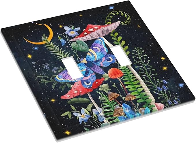 Black Boho Witchy Hippie Mushroom Moth Snail Decorative 2-Gang Decorator Outlet Light Switch Wall Plate Cover Double Toggle Size Starry Gothic Bohemian Moon Night Stars Electrical Receptacle Faceplate