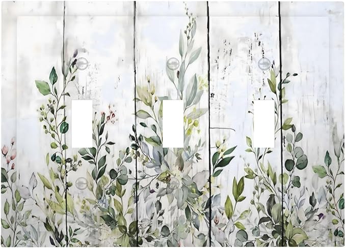 Sage Green Eucalyptus Rustic Country Botanical Leaf Flower Decorative Switch Plates 3 Gang Wall Plate Triple Toggle Light Switch Cover Faceplate Electrical Wall Panels for Farmhouse Bedroom Decor