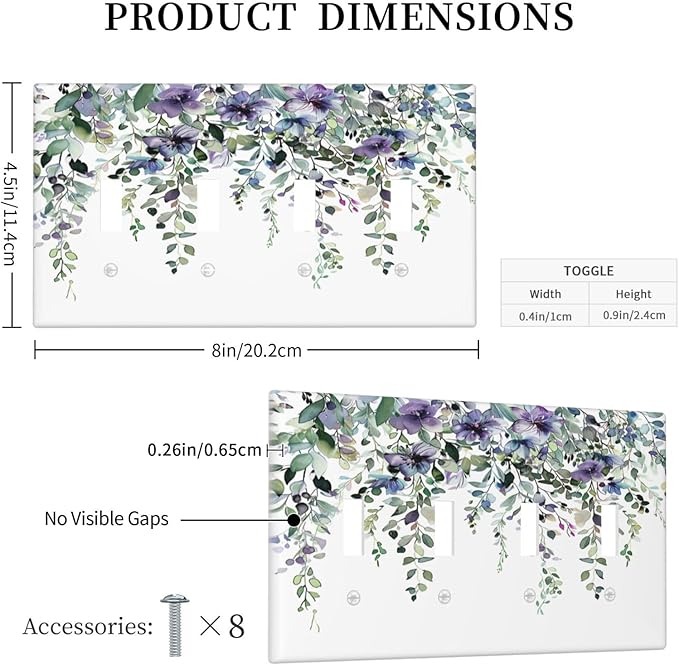 Light Switch Cover Plate Blue Purple Eucalyptus Leaves Boho Botanical 4 Gang Quad Toggle Decorative Switch Plates Wall Panels Electrical Wall Plates Faceplate for Bathroom Home Decor