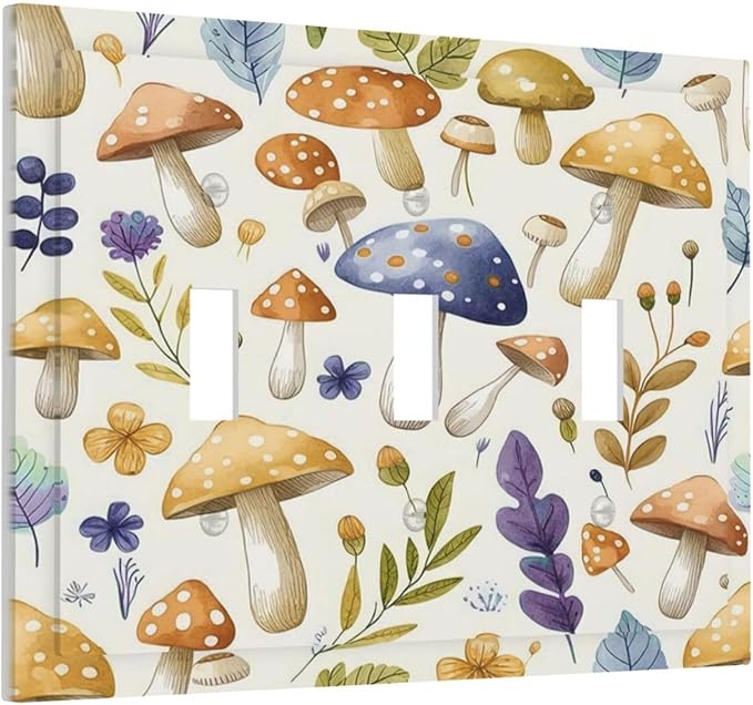 Boho Watercolor Mushroom Flowers Leaf Colorful Floral Decorative Switch Plates 3 Gang Wall Plate Triple Toggle Light Switch Cover Faceplate Electrical Wall Panels for Kids Room Nursery Decor