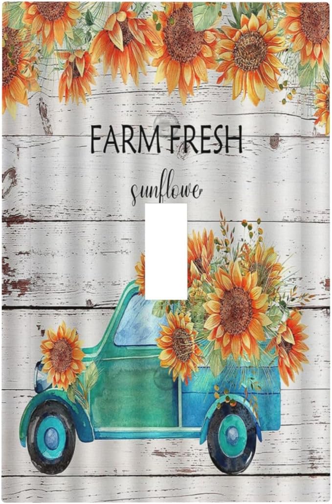 Decorative Switch Plate Covers Teal Farm Truck Pulling Sunflowers 1 Gang Wall Plate Single Toggle Light Switch Cover Plate Jumbo Electrical Switchplate Receptacle Faceplate for Farmhouse