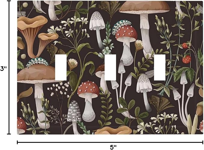 Cute Funky Black Boho Hippie Bohemian Mushroom Vintage Aesthetic Botanical Plant Floral Leaves 3 Gang Three Device Mid Size Plug Socket Wall Plate Triple Toggle Outlet Light Switch Plate Cover Dimmer