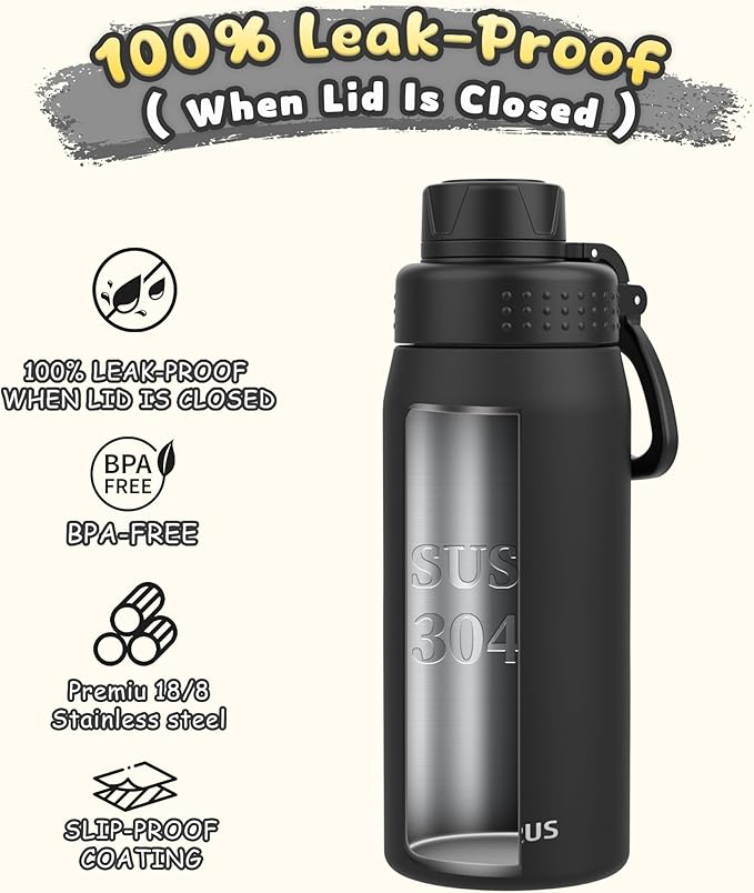 GOPPUS 19oz Kids Water Bottle with Spout Lid, Toddler Water Bottle, Stainless Steel Insulated Water Bottle, Leakproof, BPA Free, Suitable for Boys and Girls for School（Black）