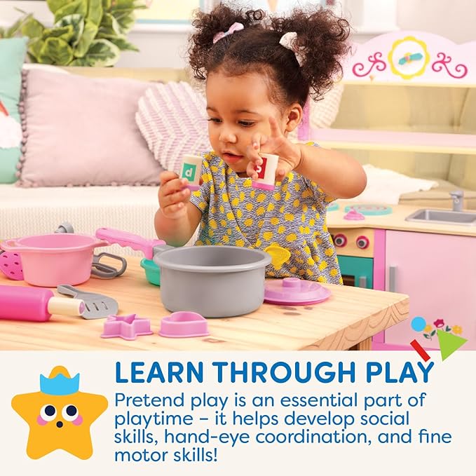 Battat – Play Circle – Cooking & Baking Playset – Hand Mixer, Rolling Pin, Ladle, Spatulas & More – Storage Bin – Kitchen & Cooking Toys for Kids – 3+ Years– Dinner for Eight Cookware
