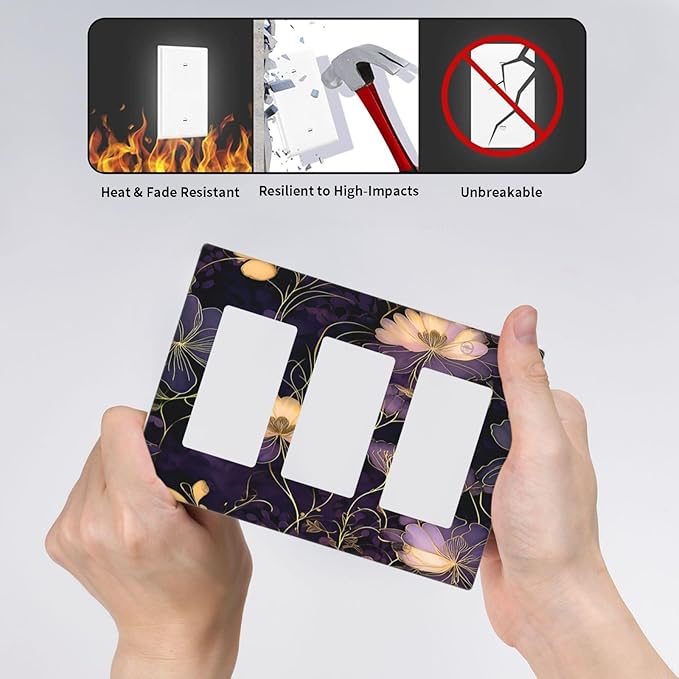 Modern Boho Vintage Gold Purple Dark Floral Modern Abstract Flowers Light Switch Covers 3 Gang Rocker Decorative Triple Outlet Wall Plate Cover Switchplate Electrical Gfci for Bedroom Living Room