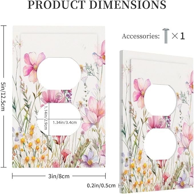 Pink Floral Wild Flowers Watercolor Plants Outlet Covers 1 Gang Duplex Light Switch Cover Decorative Switch Plates Electrical Receptacle Faceplate Wall Plate for Bedroom Living Room Decor