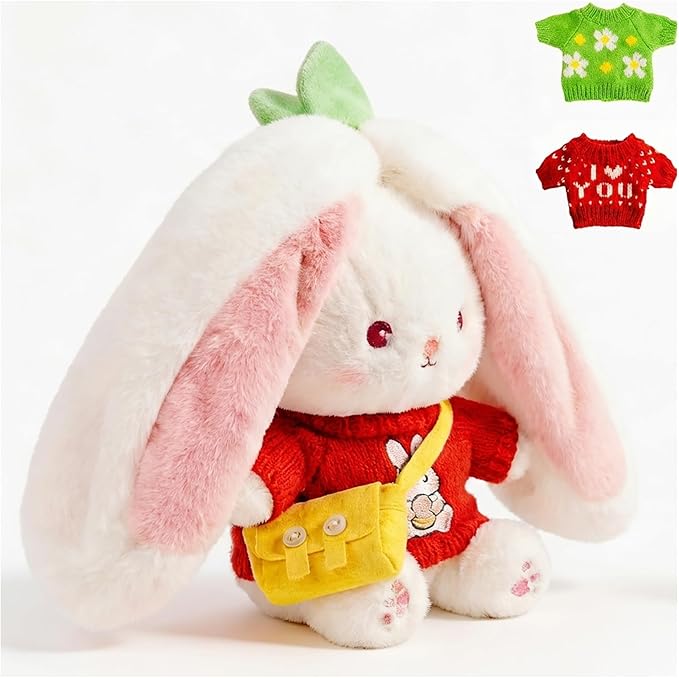5Pcs Bunny Plush with Clothes & Accessories, Cute Bunny Stuffed Animal Reversible, Strawberry Carrot Bunny Transformed Rabbit Plush Zipper Soft Doll Easter Birthday Party Gift (5PCS Set Strawberry)