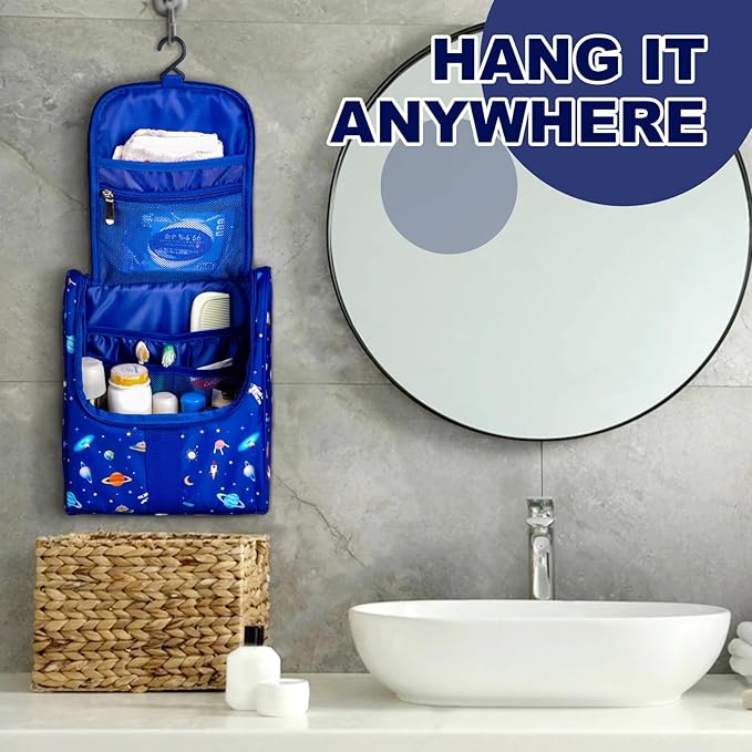 Remobia Hicol Cute Cartoon Hanging Kids Toiletry Bag Children Travel Cosmetic Makeup Organizer Wash Bag Shower bag Over Night Bag Camping Shaving Kit Bag for Boys & Girls (Astronaut)