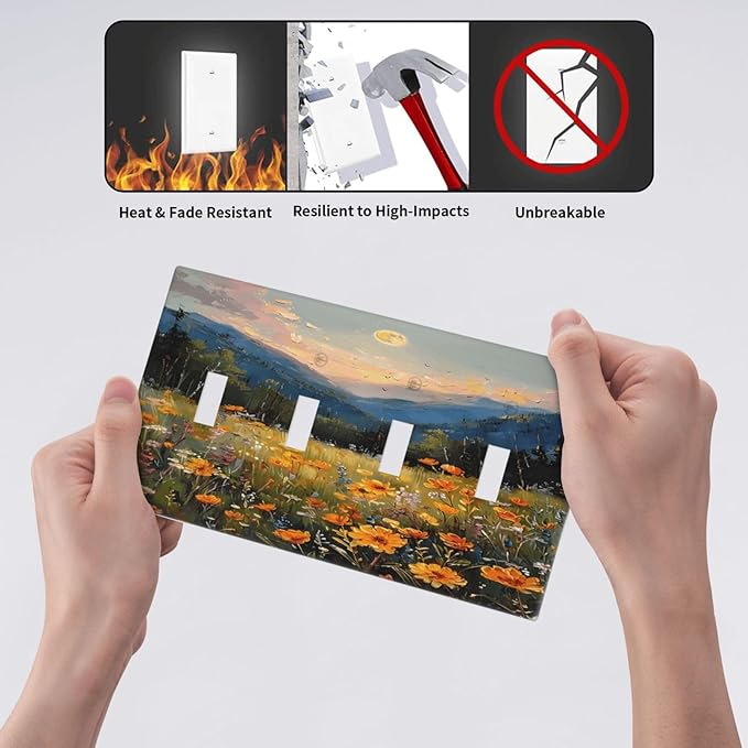 Sunset Wild Flower Field Floral Nature Landscape Light Switch Covers Quad Toggle Electrical Faceplate 4 Gang Wall Plate Decorative Switch Plates Cover for Farmhouse Bedroom Decor