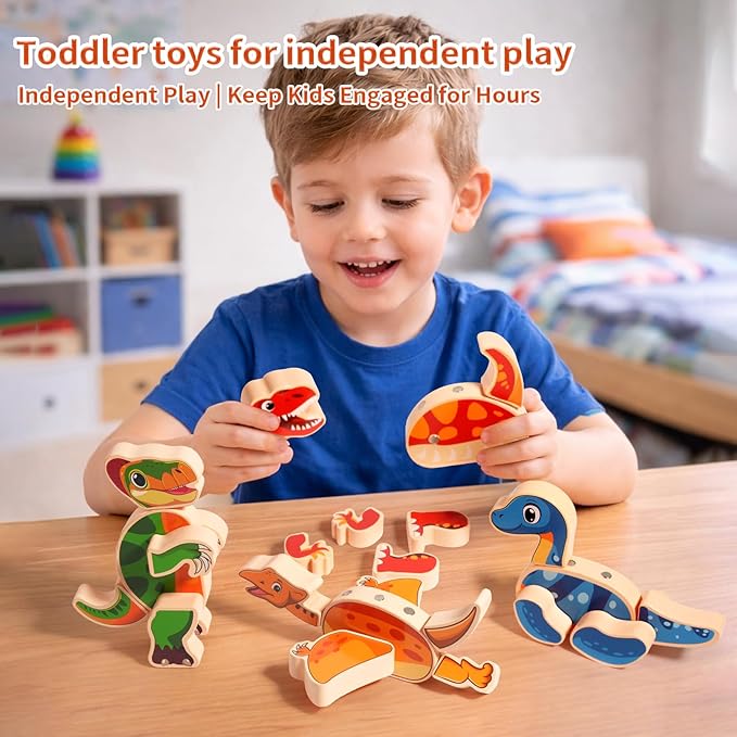 INIFEIDALA Magnetic Wooden Dinosaur Building Blocks, Take Apart STEM Montessori Educational Toy, Fine Motor Skills Development Ages 3-6