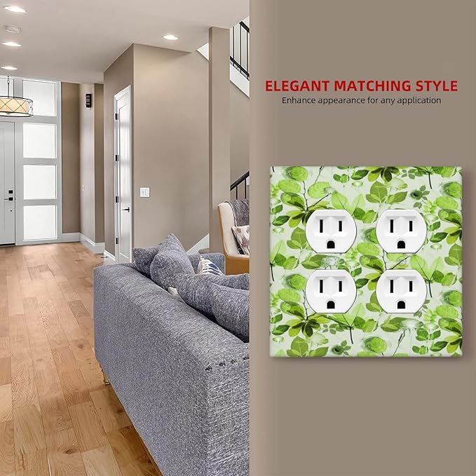 Green Leaves Spring Plant Floral Outlet Covers 2 Gang Double Duplex Decorative Light Switch Covers Electrical Wallplates Socket Faceplate for Bed Room Living Room Decor