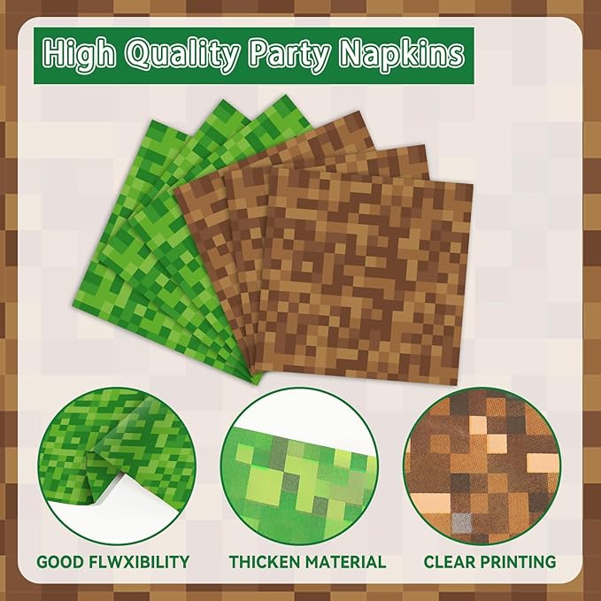 96 Pcs Iridescent Pixel Birthday Party Plates and Napkins Pixel Party Decorations Mining Theme Supplies Gamer Paper Dessert Plates Mining Video Game Tableware Set for Kids Baby Shower 24 Guests