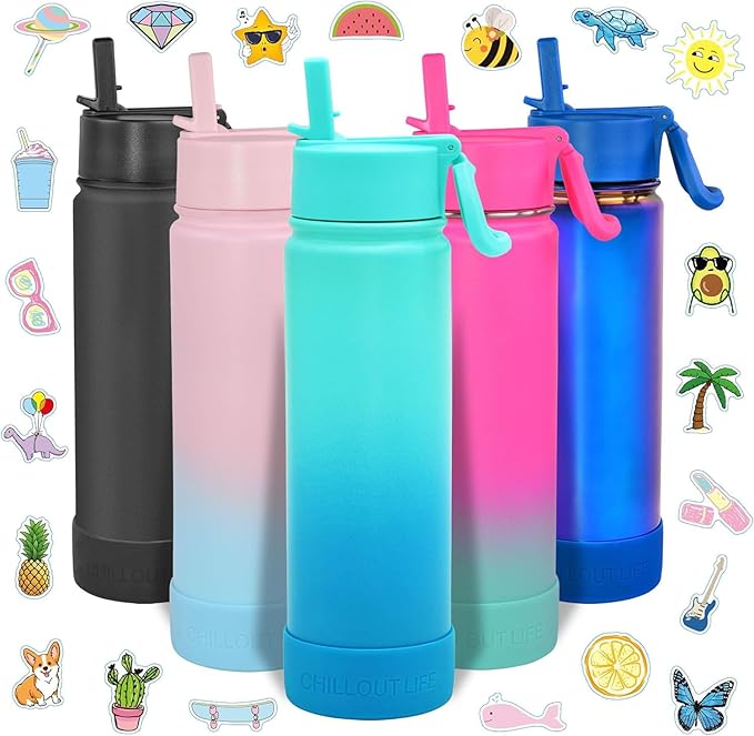 CHILLOUT LIFE 22 oz Kids Insulated Water Bottle for School with Straw Lid Leakproof and Cute Waterproof Stickers, Personalized Stainless Steel Thermos Flask Metal Water Bottle, Ocean Blue