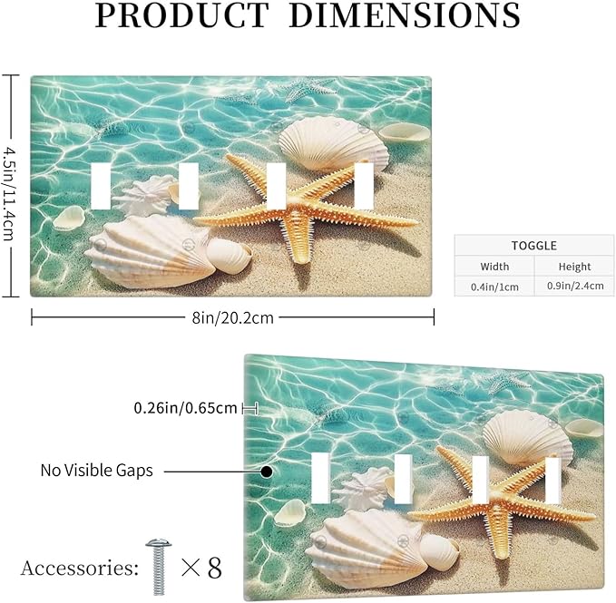 Light Switch Covers Sea Shells And Star Fish In Ocean Beach Quad Toggle Electrical Faceplate 4 Gang Wall Plate Decorative Switch Plates For Bathroom Home Decor