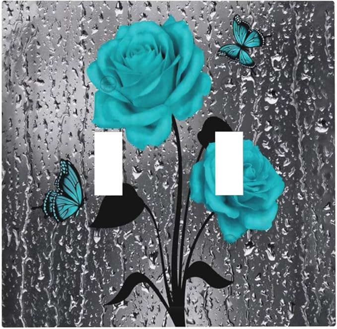 Aqua Turquoise Teal Blue Gray Rose Flower Floral Decorative Double Toggle Wall Plate Outlet Light Switch Cover 2-Gang Valentine's Day Romantic Pretty Butterfly Woman Electrical Receptacle Jumbo Size