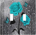Aqua Turquoise Teal Blue Gray Rose Flower Floral Decorative Double Toggle Wall Plate Outlet Light Switch Cover 2-Gang Valentine's Day Romantic Pretty Butterfly Woman Electrical Receptacle Jumbo Size