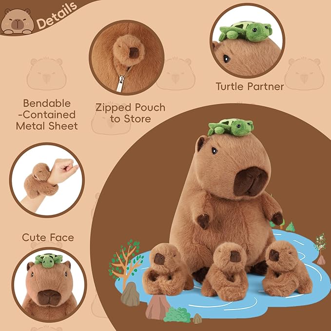 Youthfuljive 5 in 1 Capybara Plush Set 12.8" Mommy Capybara Stuffed Animal with Babies Inside, Stuffed Capybara Plush with 3 Baby Capibaras Peluches Capybara Pillow Plushies Toys for Kids Birthday