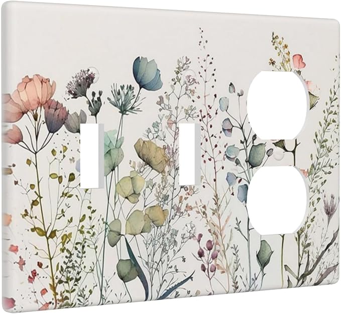 Beige/Tan Wildflower Floral Blossom 3-Gang 2-Toggle 1-Duplex Receptacle Combination Light Switch Rustic Watercolor Flowers Decorative Triple Combo Device Switches/Rocker Outlet Covers and Wall Plate