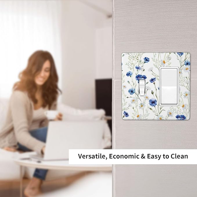 Outlet Covers Watercolor Daisy Blue Floral Vintage Plant 2 Gang Combo Light Switch Cover Plate Toggle Rocker Wallplates Decorative Switch Plates and Outlet Covers for Bedroom Home Decor