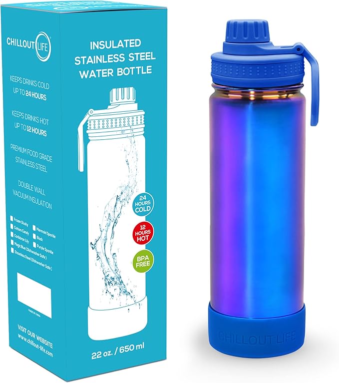 CHILLOUT LIFE 22 oz Kids Insulated Water Bottle for School with Leakproof Spout Lid and Cute Waterproof Stickers, Personalized Stainless Steel Thermos Flask Metal Water Bottle, Magic Blue