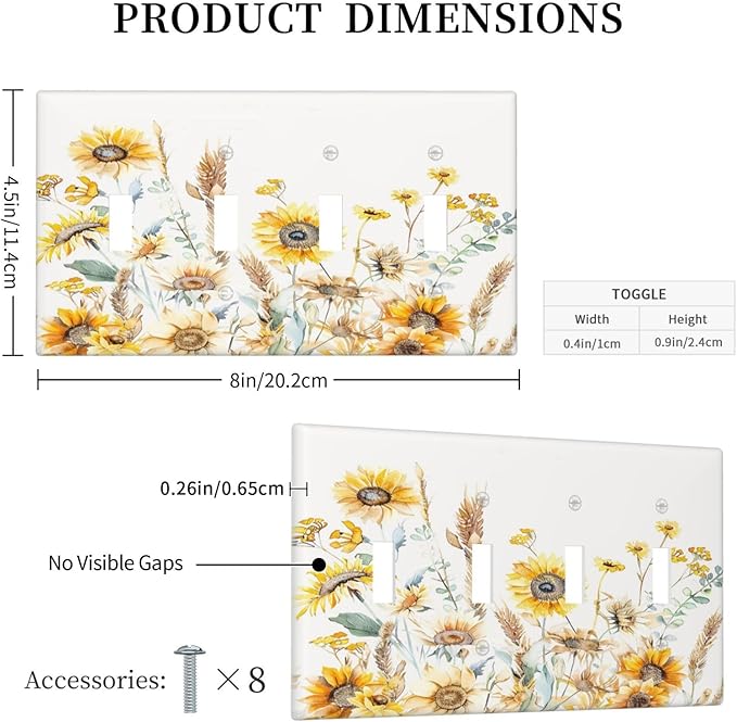 Yellow Floral Sunflowers Wheat Ears Watercolor Wild Flowers Light Switch Covers Quad Toggle Electrical Faceplate 4 Gang Wall Plate Decorative Switch Plates Cover for Bedroom Living Room Decor